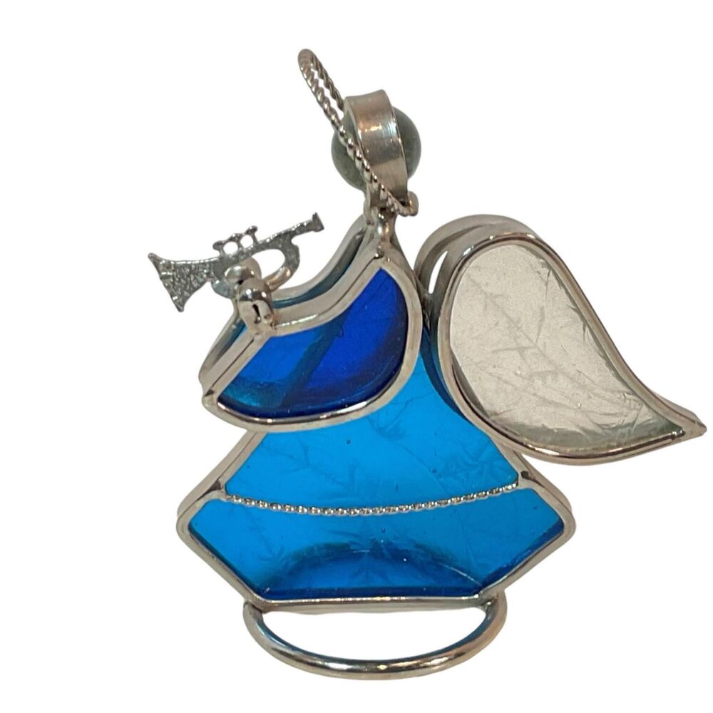 Stained Glass Blue Angel With Trumpet Standing 3.5” Wings Halo